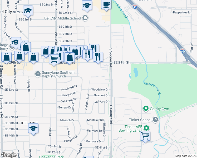 map of restaurants, bars, coffee shops, grocery stores, and more near 4814 Kristie Drive in Del City