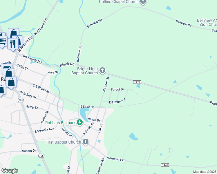 map of restaurants, bars, coffee shops, grocery stores, and more near 604 East Forest Street in Robbins