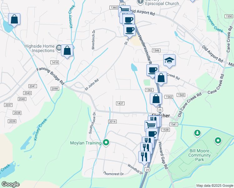 map of restaurants, bars, coffee shops, grocery stores, and more near 105 Poteat Street in Fletcher