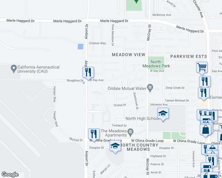 map of restaurants, bars, coffee shops, grocery stores, and more near 704 Meadow Grove Court in Bakersfield