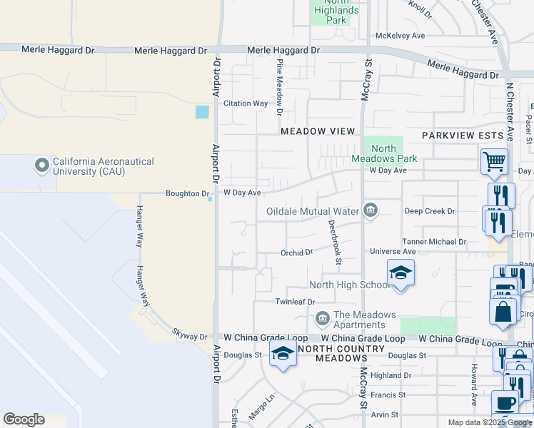 map of restaurants, bars, coffee shops, grocery stores, and more near 704 Meadow Grove Court in Bakersfield