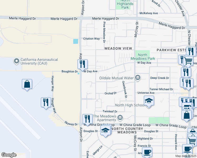 map of restaurants, bars, coffee shops, grocery stores, and more near 704 Meadow Grove Court in Bakersfield