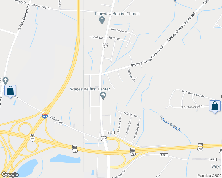 map of restaurants, bars, coffee shops, grocery stores, and more near 109 Northview Drive in Goldsboro