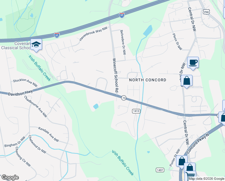 map of restaurants, bars, coffee shops, grocery stores, and more near 1205 Winecoff School Road in Concord