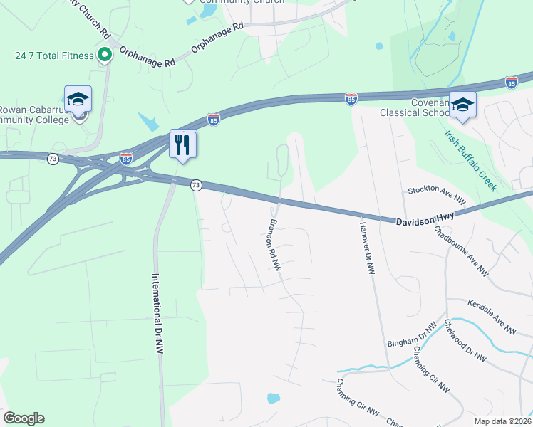 map of restaurants, bars, coffee shops, grocery stores, and more near 4137 Davidson Highway in Concord