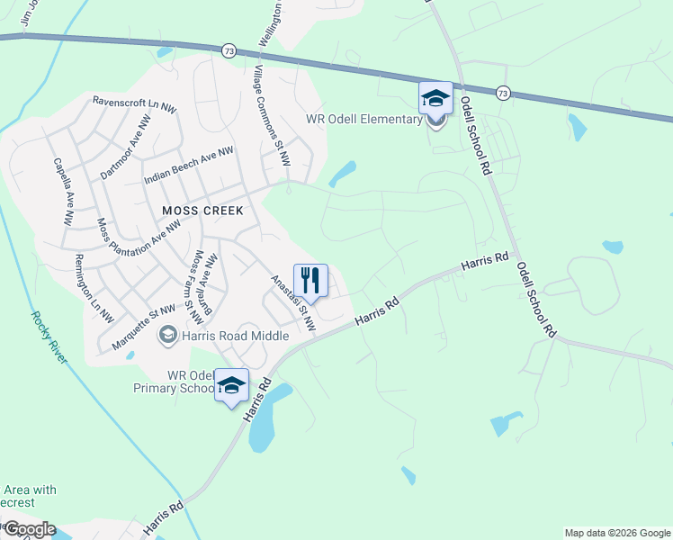 map of restaurants, bars, coffee shops, grocery stores, and more near 1288 Emory Lane Northwest in Concord