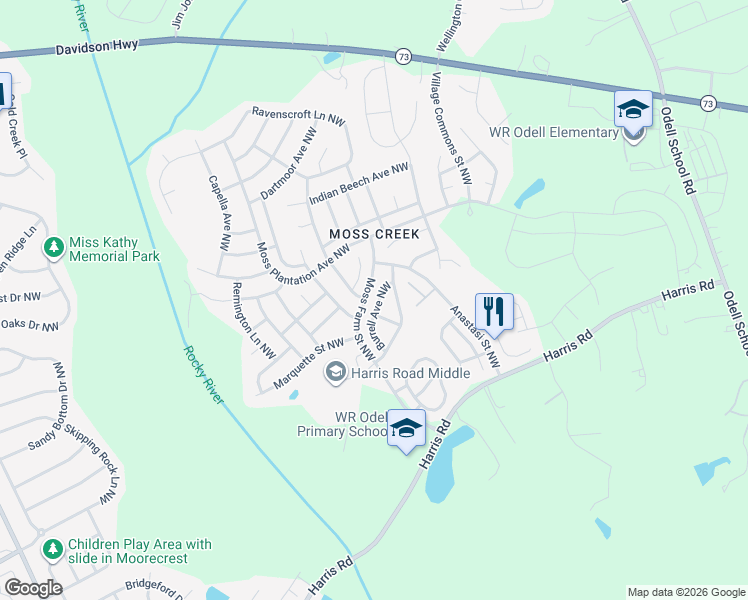 map of restaurants, bars, coffee shops, grocery stores, and more near 1415 Duckhorn Street Northwest in Concord