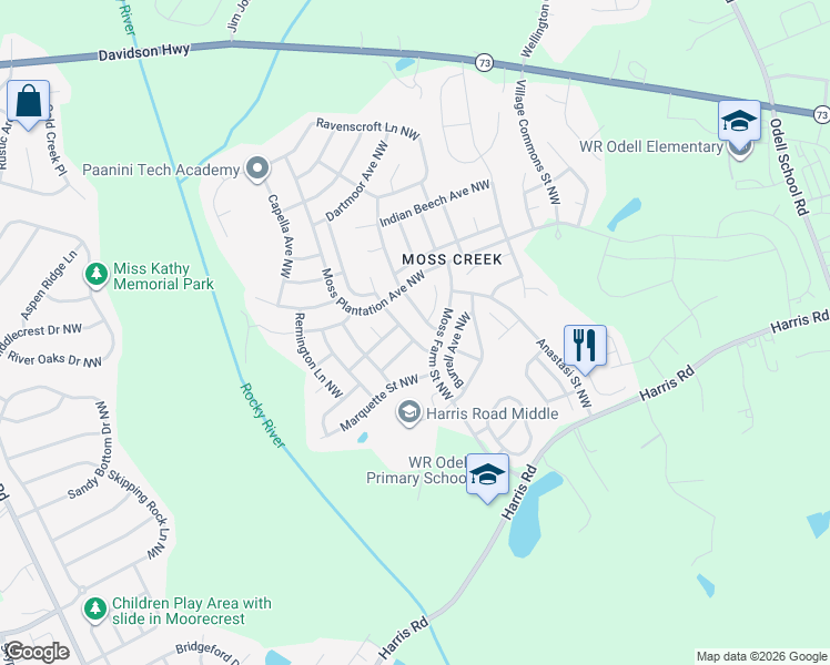map of restaurants, bars, coffee shops, grocery stores, and more near 1419 Napa Street Northwest in Concord