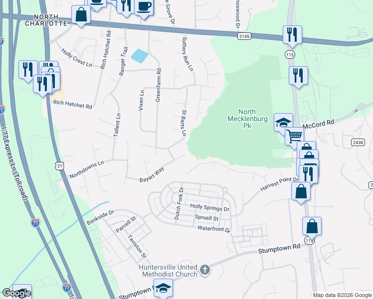 map of restaurants, bars, coffee shops, grocery stores, and more near 10232 Bayart Way in Huntersville
