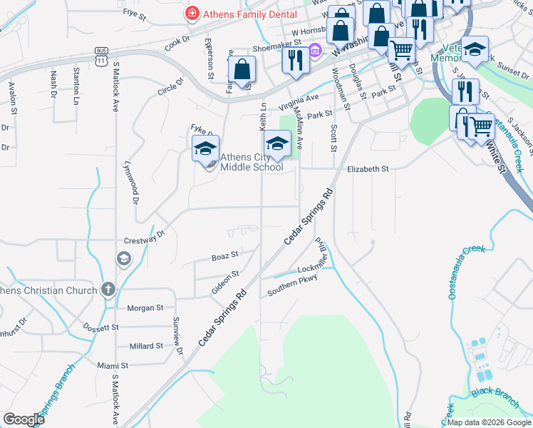 map of restaurants, bars, coffee shops, grocery stores, and more near 304 Keith Lane in Athens