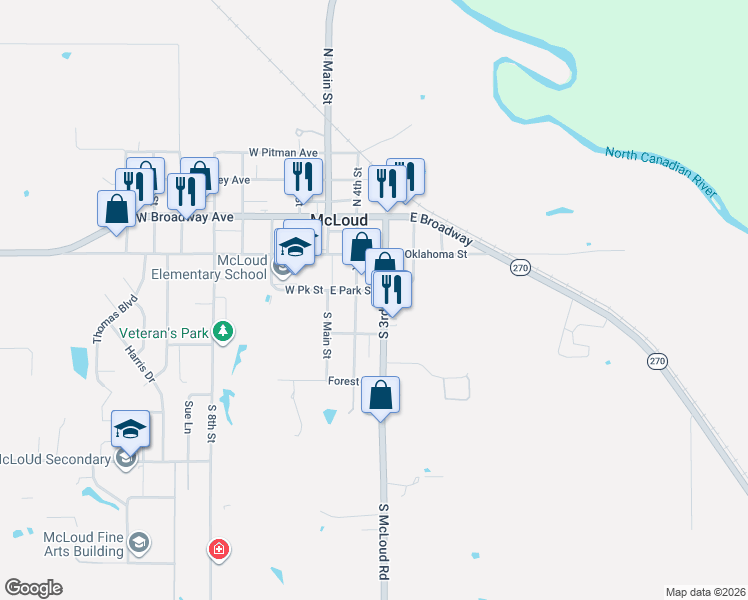 map of restaurants, bars, coffee shops, grocery stores, and more near 312 South 4th Street in McLoud