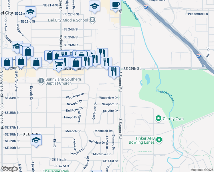 map of restaurants, bars, coffee shops, grocery stores, and more near 4837 Elmview Drive in Del City