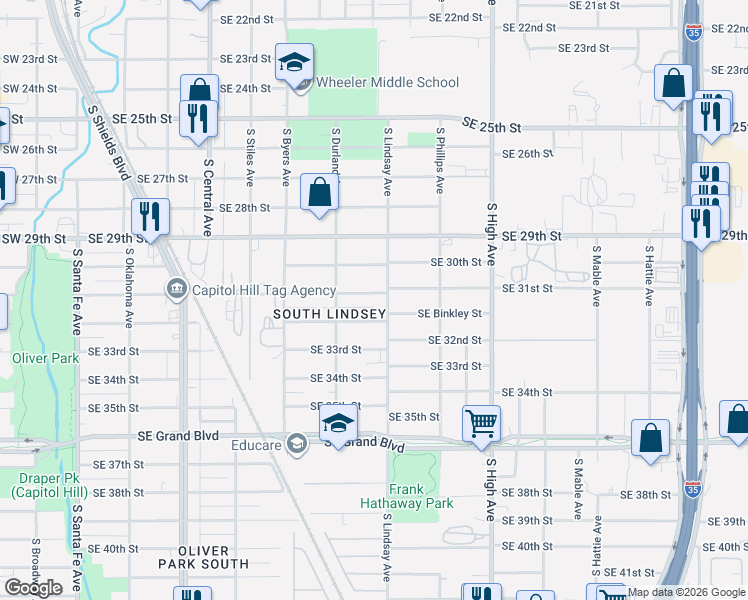 map of restaurants, bars, coffee shops, grocery stores, and more near 630 Southeast 31st Street in Oklahoma City