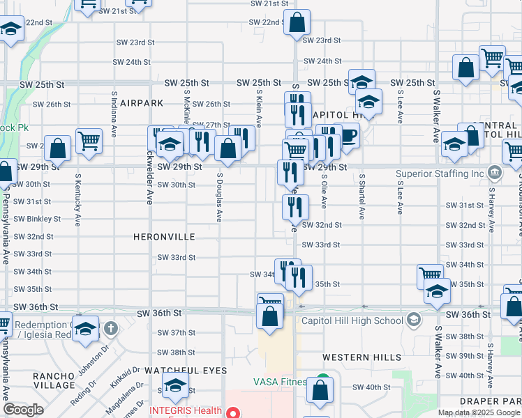 map of restaurants, bars, coffee shops, grocery stores, and more near 1004 Southwest 31st Street in Oklahoma City