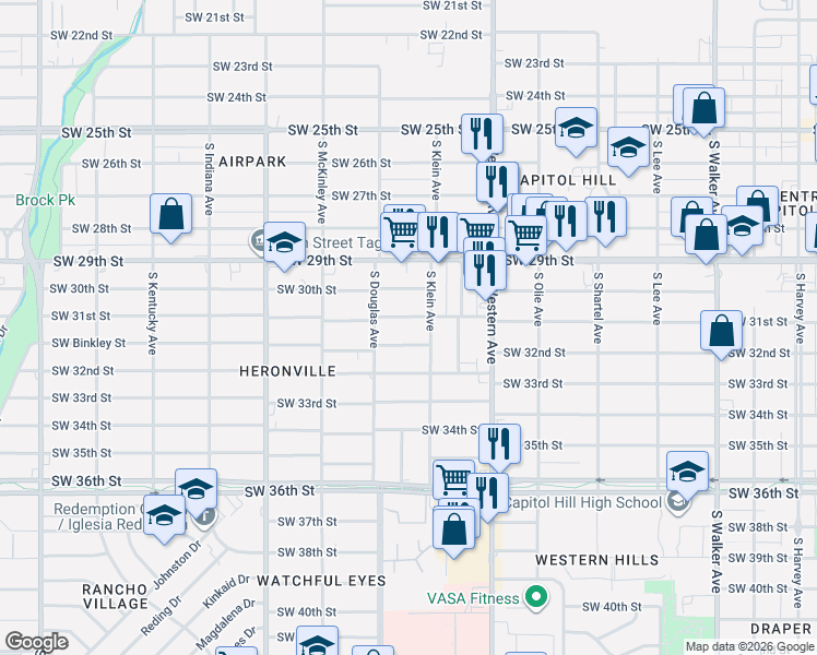 map of restaurants, bars, coffee shops, grocery stores, and more near 1004 Southwest 31st Street in Oklahoma City