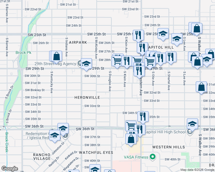 map of restaurants, bars, coffee shops, grocery stores, and more near 1040 Southwest 31st Street in Oklahoma City
