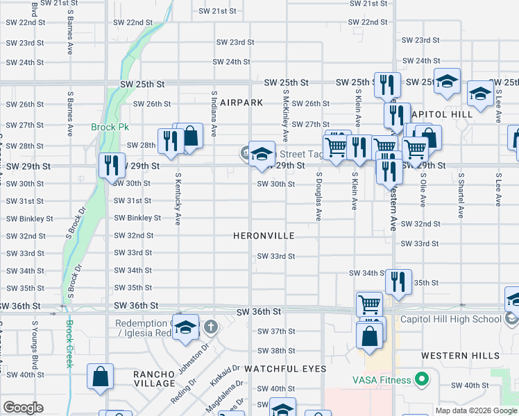 map of restaurants, bars, coffee shops, grocery stores, and more near 3205 South Blackwelder Avenue in Oklahoma City