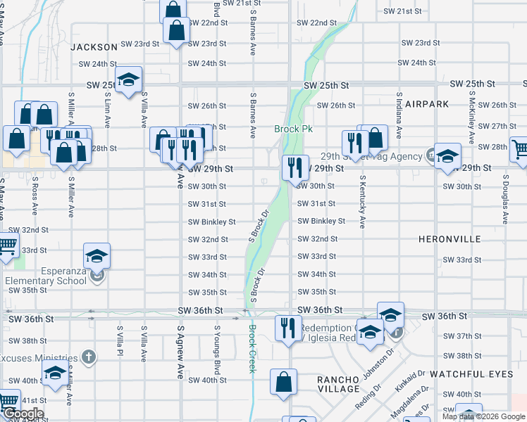 map of restaurants, bars, coffee shops, grocery stores, and more near 3207 1/2 South Brock Drive in Oklahoma City