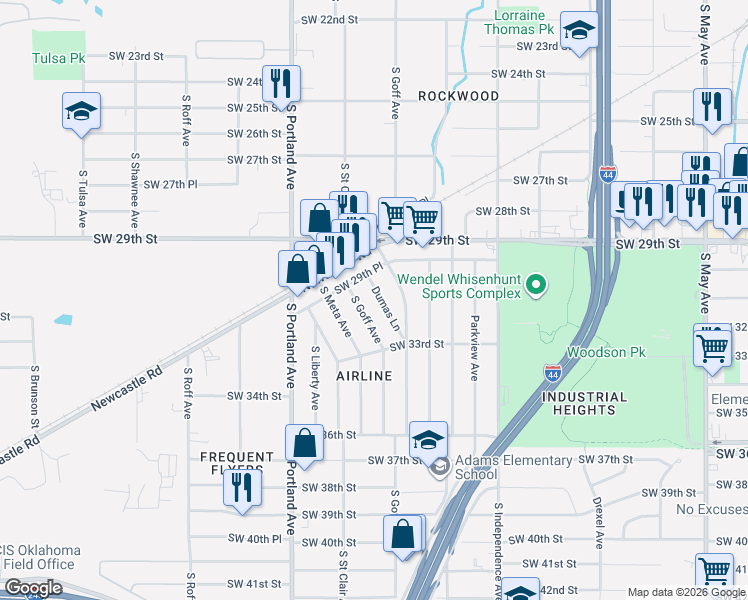 map of restaurants, bars, coffee shops, grocery stores, and more near 3205 Dumas Lane in Oklahoma City