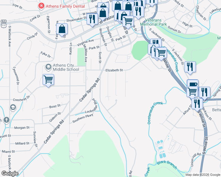 map of restaurants, bars, coffee shops, grocery stores, and more near 529 Holt St in Athens