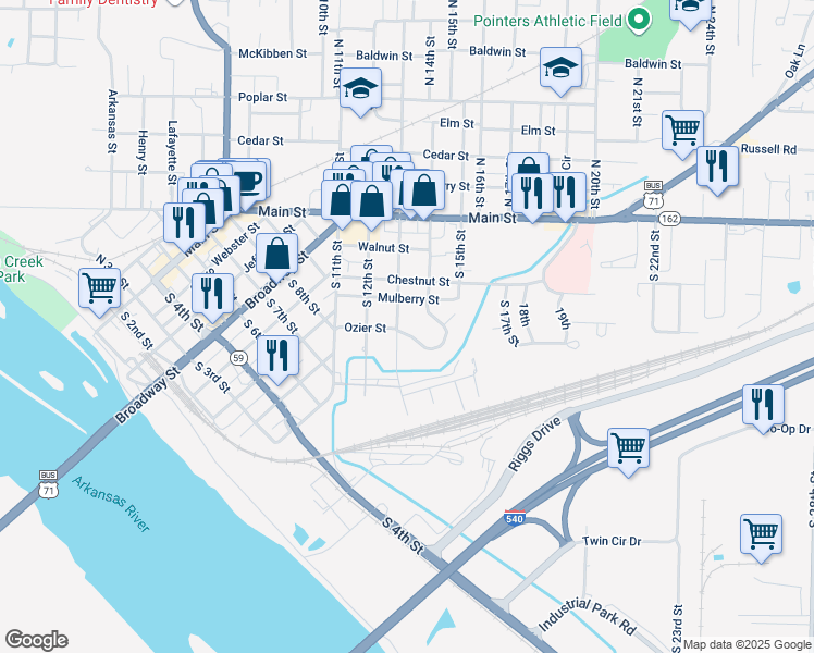 map of restaurants, bars, coffee shops, grocery stores, and more near 401 Meyer Drive in Van Buren