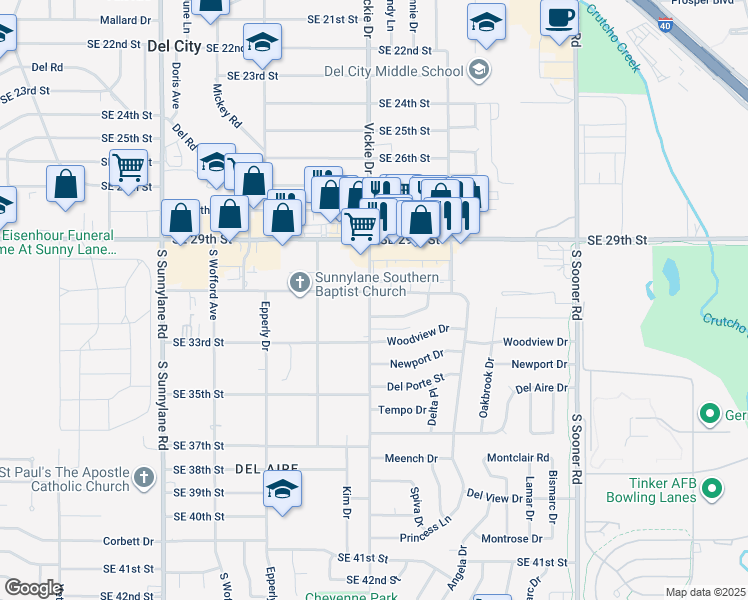 map of restaurants, bars, coffee shops, grocery stores, and more near 3100 Vickie Drive in Del City