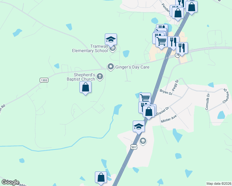map of restaurants, bars, coffee shops, grocery stores, and more near 151 Pressly Foushee Road in Sanford