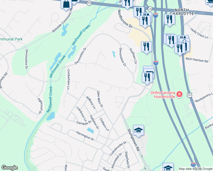 map of restaurants, bars, coffee shops, grocery stores, and more near 10535 Devonshire Drive in Huntersville