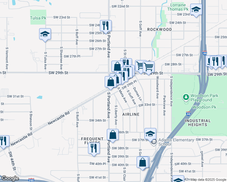 map of restaurants, bars, coffee shops, grocery stores, and more near 3600 Block Newcastle in Oklahoma City