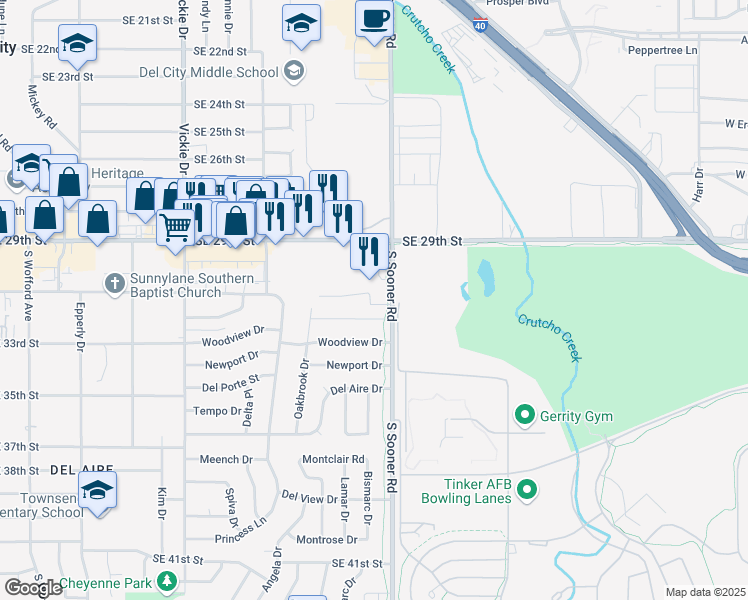 map of restaurants, bars, coffee shops, grocery stores, and more near 4825 Kristie Drive in Del City