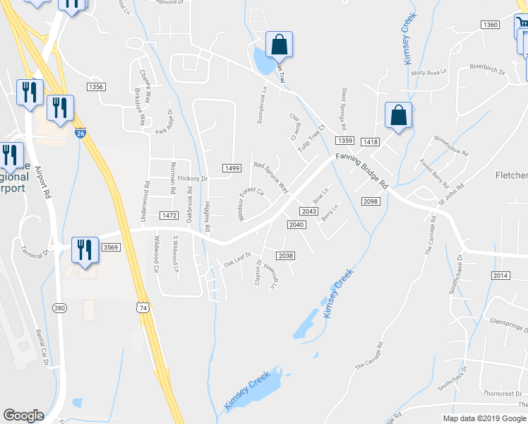 map of restaurants, bars, coffee shops, grocery stores, and more near 212 Windsor Forest Circle in Fletcher
