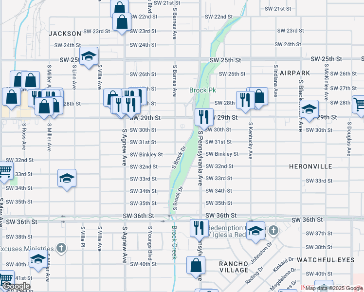 map of restaurants, bars, coffee shops, grocery stores, and more near 3207 1/2 South Brock Drive in Oklahoma City