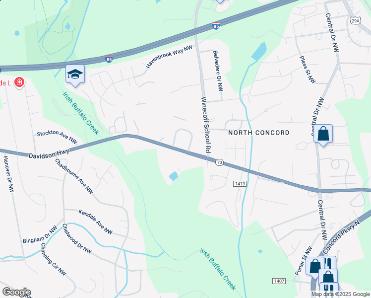 map of restaurants, bars, coffee shops, grocery stores, and more near 2721 Mountcrest Circle Northwest in Concord