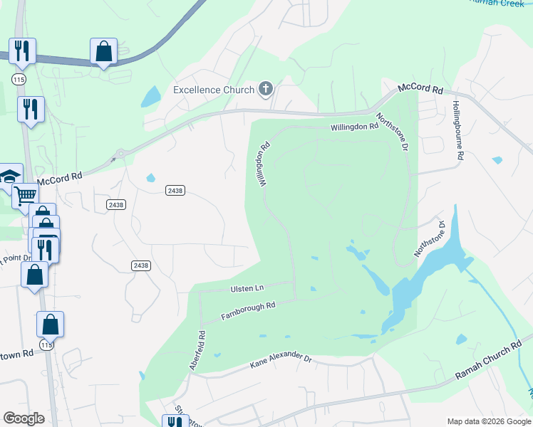 map of restaurants, bars, coffee shops, grocery stores, and more near 12138 Willingdon Road in Huntersville