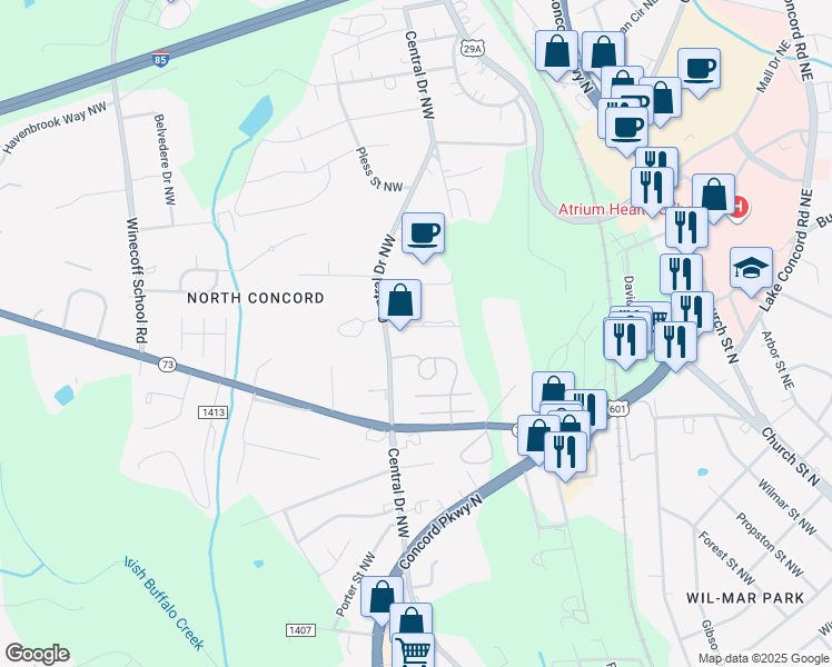map of restaurants, bars, coffee shops, grocery stores, and more near 388 Action Drive Northwest in Concord