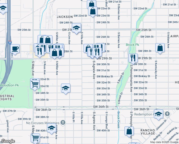 map of restaurants, bars, coffee shops, grocery stores, and more near 2416 Southwest 31st Street in Oklahoma City