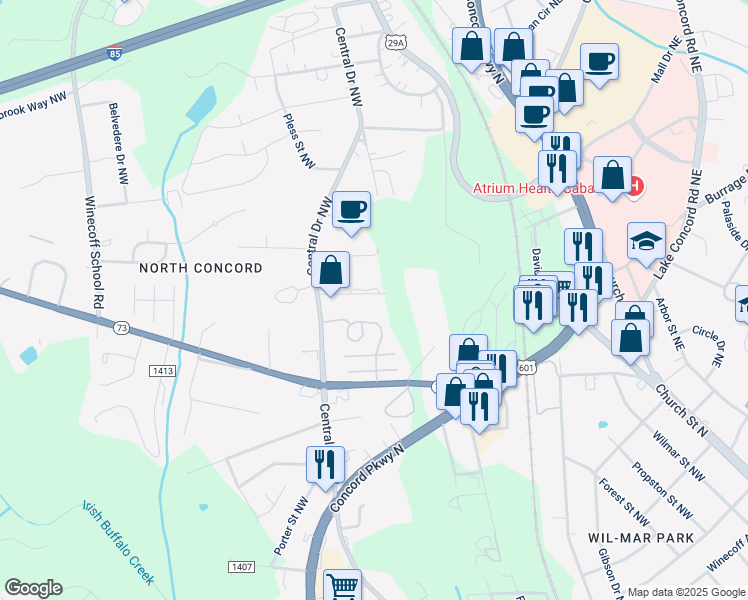 map of restaurants, bars, coffee shops, grocery stores, and more near 424 Action Drive Northwest in Concord