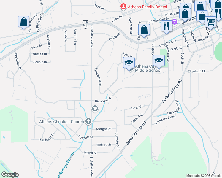 map of restaurants, bars, coffee shops, grocery stores, and more near 500 Lynnwood Drive in Athens