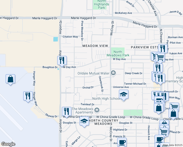 map of restaurants, bars, coffee shops, grocery stores, and more near 2906 Pinecreek Court in Bakersfield