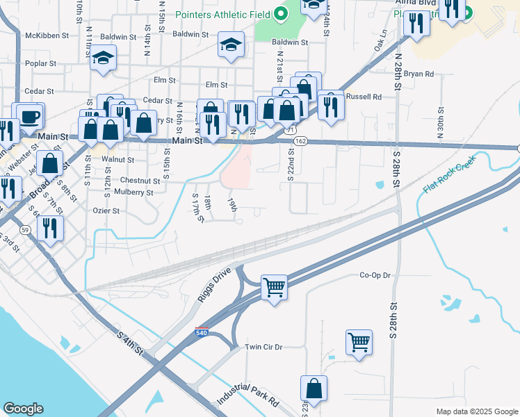 map of restaurants, bars, coffee shops, grocery stores, and more near 216 Mulberry Circle in Van Buren