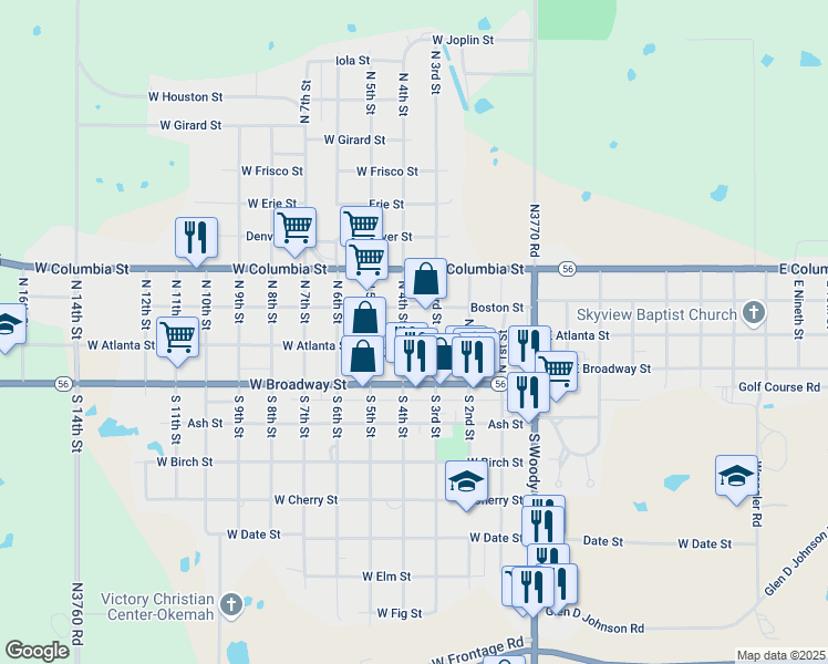 map of restaurants, bars, coffee shops, grocery stores, and more near in Okemah