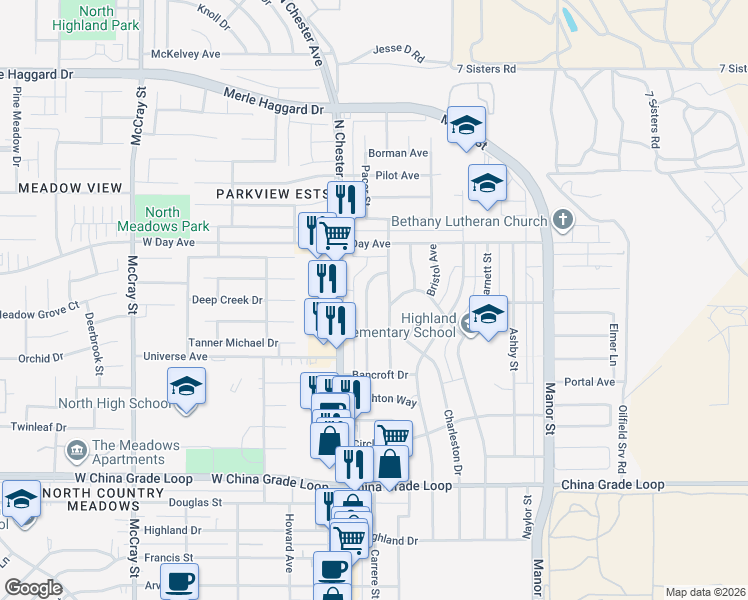 map of restaurants, bars, coffee shops, grocery stores, and more near 2919 Peerless Avenue in Bakersfield