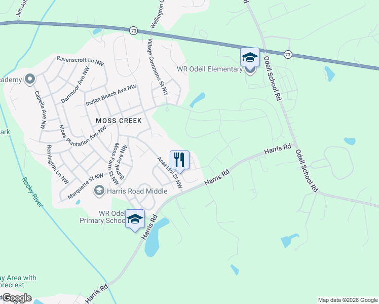 map of restaurants, bars, coffee shops, grocery stores, and more near 1312 Emory Lane Northwest in Concord