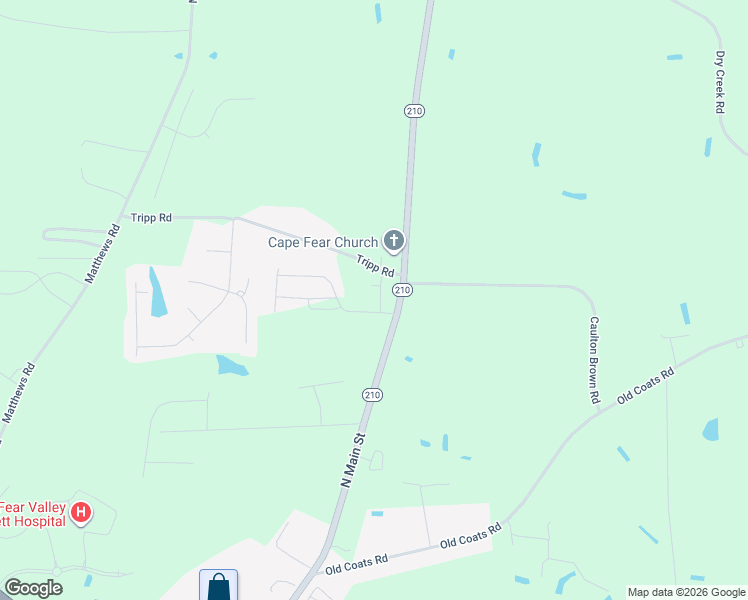 map of restaurants, bars, coffee shops, grocery stores, and more near 74 Village Edge Drive in Lillington