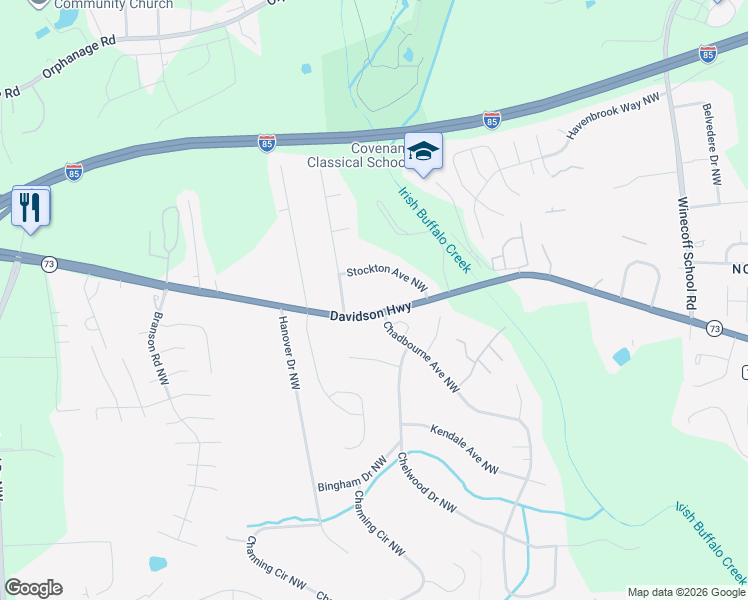map of restaurants, bars, coffee shops, grocery stores, and more near 3600 Davidson Highway in Concord