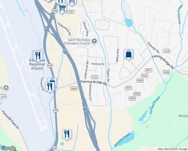map of restaurants, bars, coffee shops, grocery stores, and more near 2 Norman Road in Fletcher