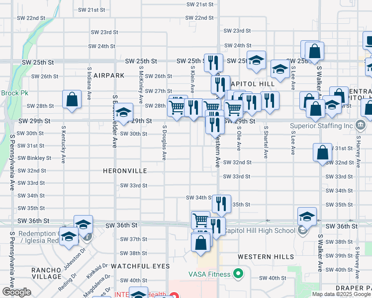 map of restaurants, bars, coffee shops, grocery stores, and more near 1004 Southwest 31st Street in Oklahoma City