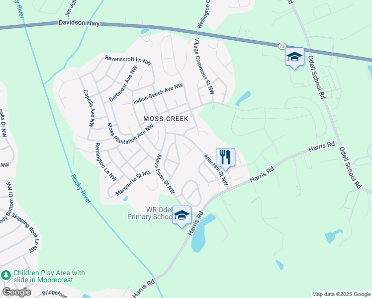 map of restaurants, bars, coffee shops, grocery stores, and more near 1331 Watson Mills Street Northwest in Concord