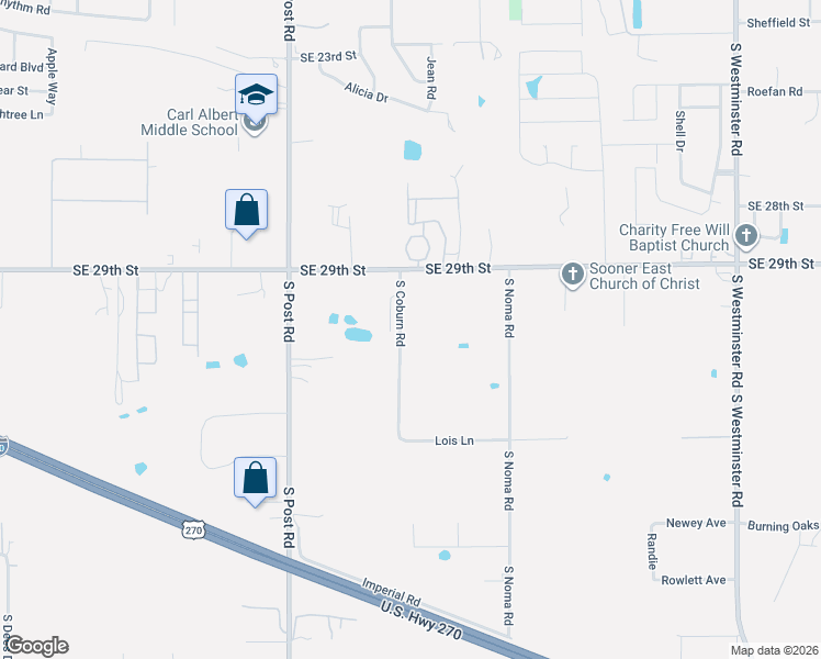 map of restaurants, bars, coffee shops, grocery stores, and more near 3200 South Coburn Road in Oklahoma City