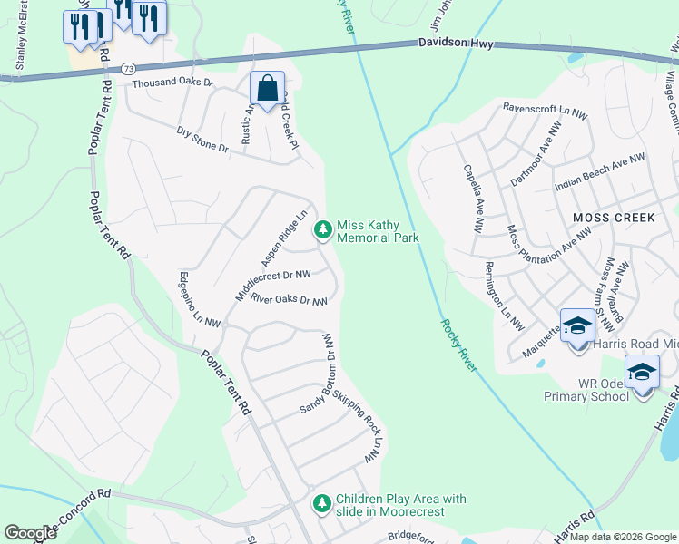 map of restaurants, bars, coffee shops, grocery stores, and more near 10926 River Oaks Drive Northwest in Concord